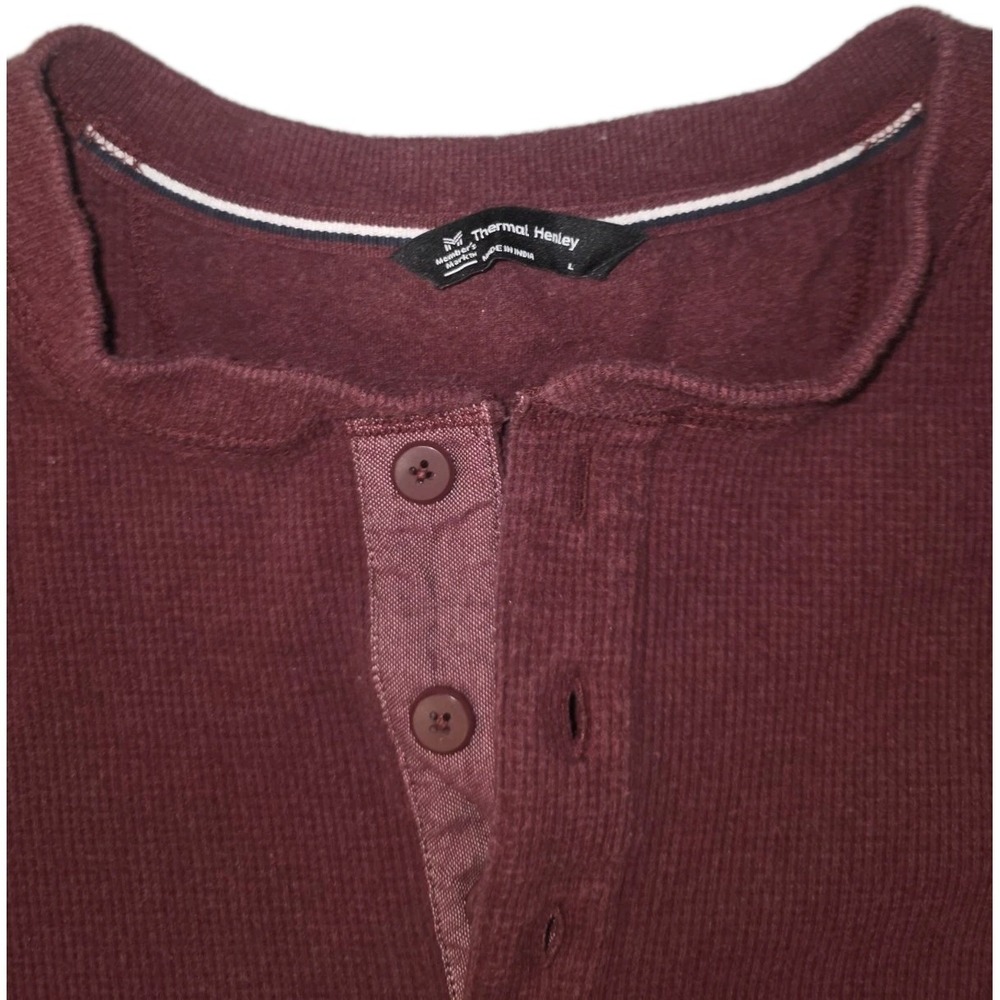 Member's Mark Men's Burgundy Henley T-Shirt L Long Sleeve Cotton Knit Button - Picture 2 of 4